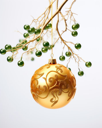 Christmas tree branch with golden bauble and green beads on white backgroundの素材
