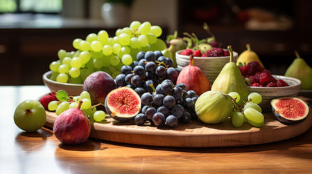 Assortment of fresh fruits and berries on a wooden table. Healthy eating concept.の素材