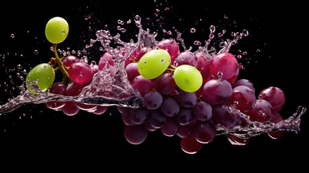 Grapes falling into water with splash, isolated on black backgroundの素材