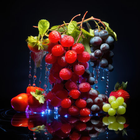 Fruit and berries in water on a black background with reflection.の素材