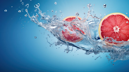 Fresh grapefruits falling into water with splash on blue background.の素材