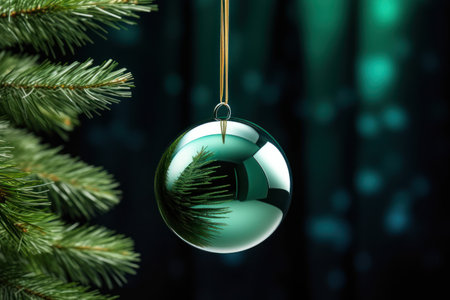 Christmas tree branch with green glass bauble on dark background, closeupの素材