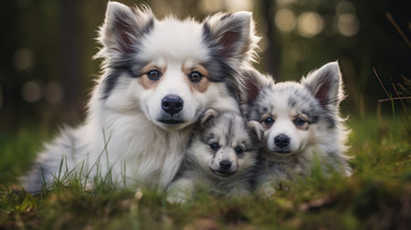 Three puppies of australian shepherd, sheltie and alaskan malamuteの素材