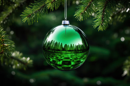 Green glass christmas ball hanging on pine branch with forest on backgroundの素材