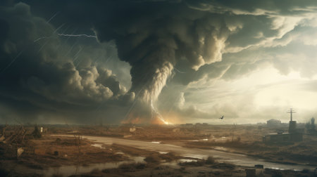 Fantasy landscape with lightning in the sky. 3d illustration.の素材