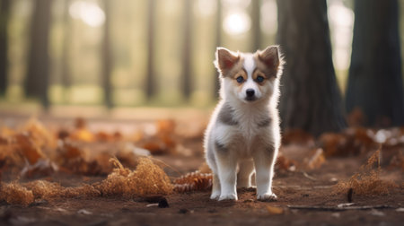 Cute Welsh Corgi puppy stands in the autumn forest.の素材