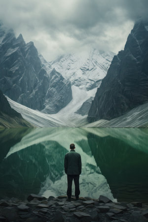 Man looking at a mountain lake in Himalayas, Nepal.の素材