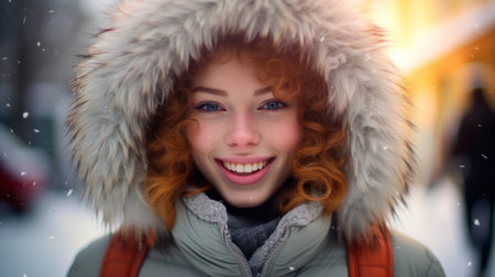 Close-up portrait of a beautiful young woman in winter clothes on the streetの素材