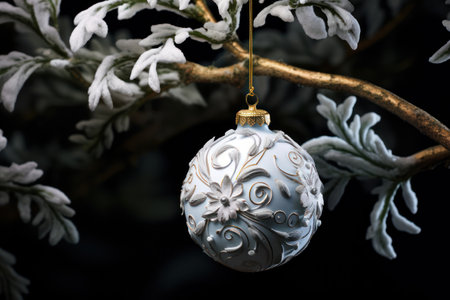 Christmas decoration hanging on tree branch with white snowflakes on dark backgroundの素材