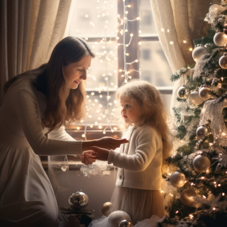 Mother and daughter in the room decorated for Christmas. The concept of family values.の素材