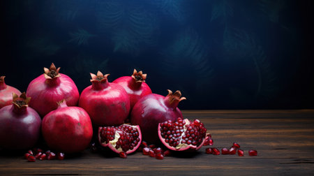 Ripe pomegranate fruit on wooden table and dark backgroundの素材