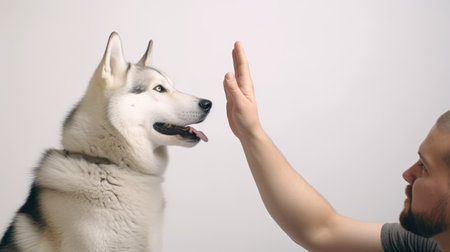 Husky dog and man's hand on white background. Husky and man.の素材