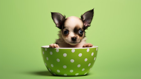 Funny puppy Chihuahua poses in a bowl on a green backgroundの素材