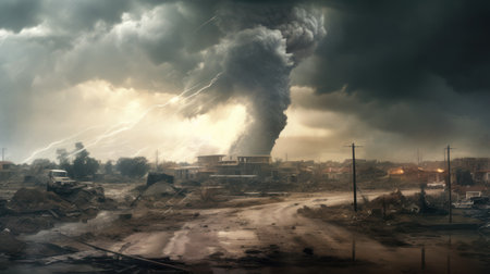 Conceptual image of a power plant with smoke coming out of itの素材