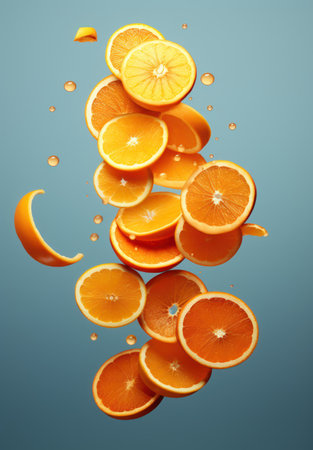 Falling orange slices isolated on blue background. 3d illustration.の素材