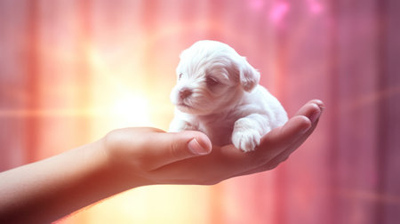 Cute little Maltese puppy in the palm of your hand.の素材