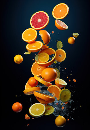 Citrus fruits falling into water with splashes on black backgroundの素材