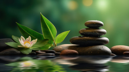 zen basalt stones and water lily on green background, spa conceptの素材