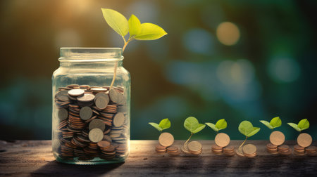 Coins in glass jar with green plant on wooden table. save money for prepare in the future.の素材