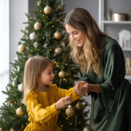 happy mother and daughter decorating christmas tree together in living roomの素材