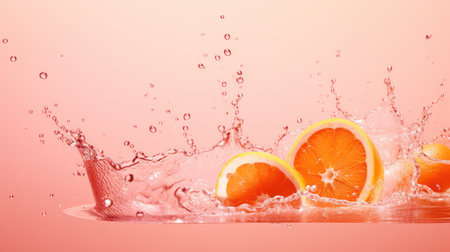 Fresh orange fruit splashing into water with splash on pink background.の素材