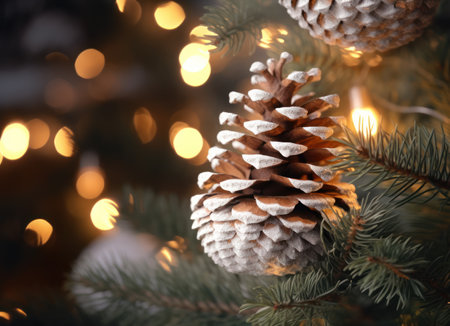 Christmas tree branch with pine cone on blurred lights background, closeupの素材