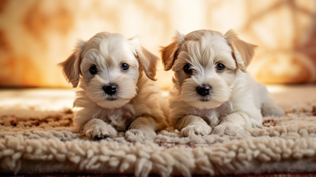 Cute little Maltese puppies sitting on a carpet and looking at the cameraの素材