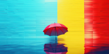 3d rendering of an umbrella in front of a colorful wall.の素材