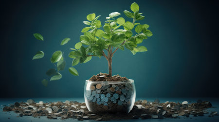 Investment concept with plant growing from pile of coins on blue backgroundの素材