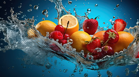 Fresh fruits in water splash on blue background. 3d illustration.の素材