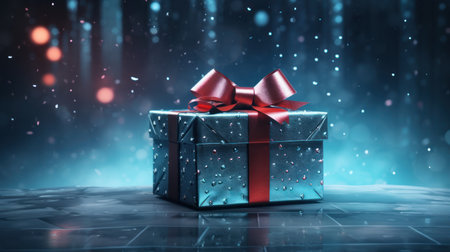 Gift box with red ribbon and bokeh background 3D renderingの素材