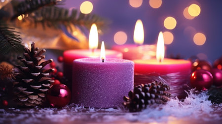 Christmas decoration with burning candles, fir tree and bokeh backgroundの素材