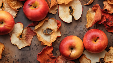 Autumn background with apples and dried leaves. Flat lay, top viewの素材