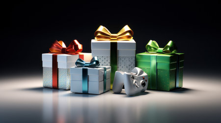 Gift boxes with ribbons on a black background. 3d renderingの素材