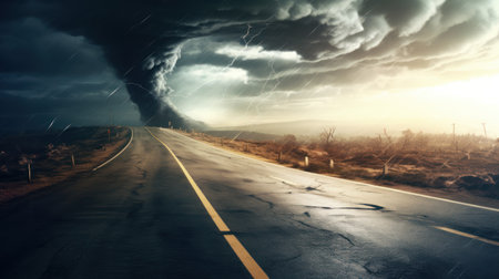 Conceptual image of a tornado approaching an empty road in the countrysideの素材