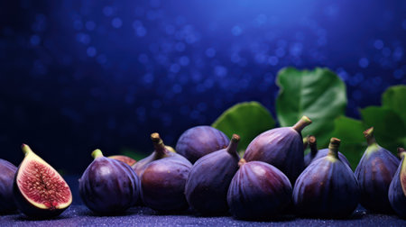 Fresh figs with leaves on dark blue background with bokehの素材