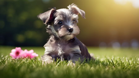 Cute yorkshire terrier puppy lying on green grass in sunny dayの素材