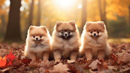 Three cute Pomeranian Spitz dogs sitting in autumn leaves.の素材