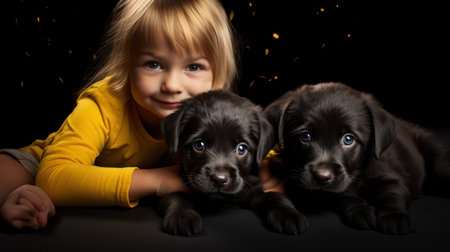 Little girl with two puppies on a black background, close-upの素材