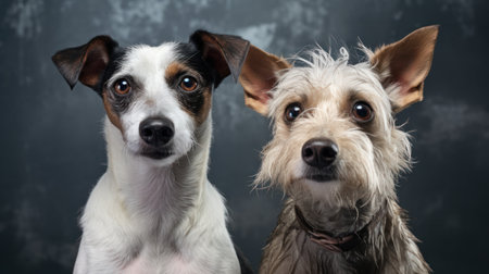 Portrait of two dogs, Jack Russell Terrier, on dark backgroundの素材