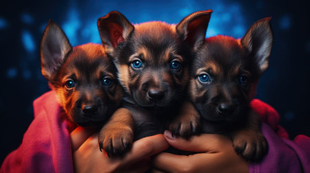 Three puppies of German Shepherd in the hands of a girl on a dark backgroundの素材