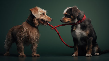 Two dogs are playing with a red rope on a dark green backgroundの素材