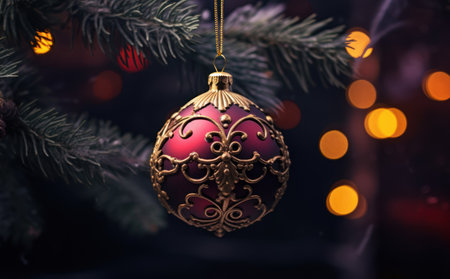 Christmas and New Year background with Christmas tree decorations and bokeh lightsの素材
