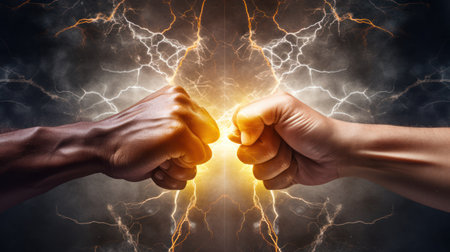 Close up of two hands fist bumping with lightning and smoke backgroundの素材