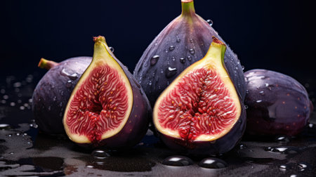 Fresh figs with water drops on black background, close-upの素材