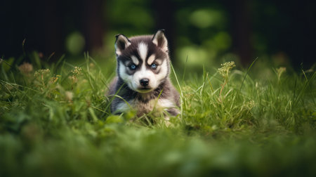 Cute siberian husky puppy in the grass. Selective focus.の素材