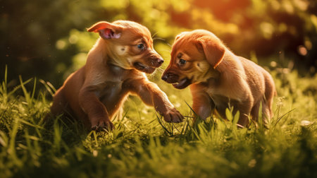 Two puppies of Rhodesian Ridgeback playing in the green grass.の素材