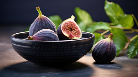 Fresh figs in a ceramic bowl on a dark background. Selective focus.の素材