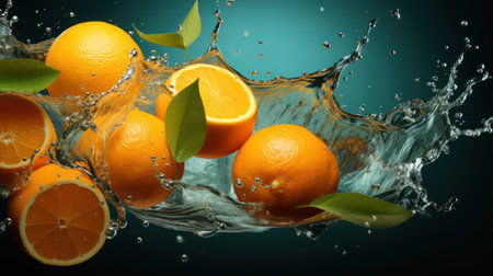Fresh oranges with leaves in water splash on dark background, closeupの素材