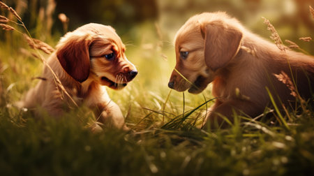 two puppies of Nova Scotia Duck Tolling Retriever in the grassの素材